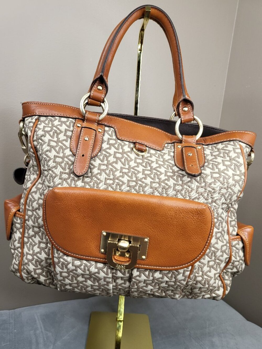 DKNY Signature Logo Jacquard Convertible Shoulder Crossbody Bag Tan Brown